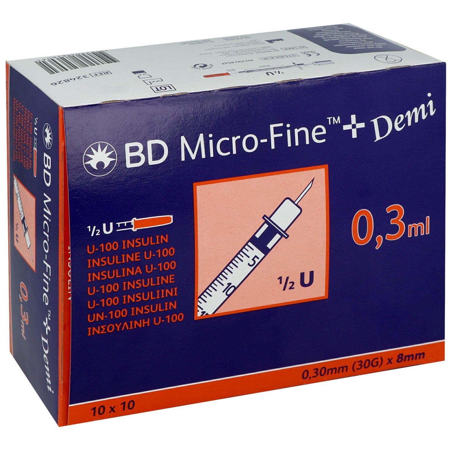 BD Micro-Fine™ insulinespuit 0,3 ml U100 met vaste naald 0,30 x 8 mm – steriel en latexvrij, 100 stuks