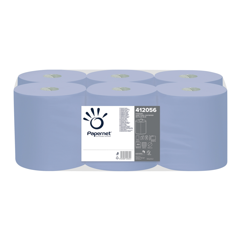 Papernet Autocut poetsrol blauw 2-laags, 450 vellen, recycling papier, verpakking 6 rollen