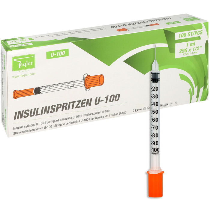 Teqler U100 insulinespuit met geïntegreerde naald 0,33 x 13 mm – latexvrij en steriel verpakt per 100 stuks