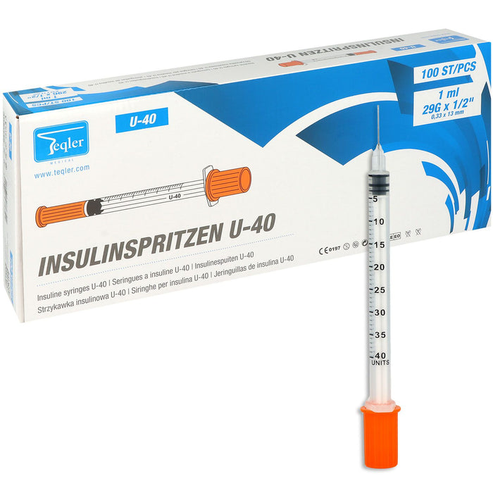 Teqler U40 insulinespuit met geïntegreerde naald 0,33 x 13 mm – latexvrij, steriel verpakt per 100 stuks