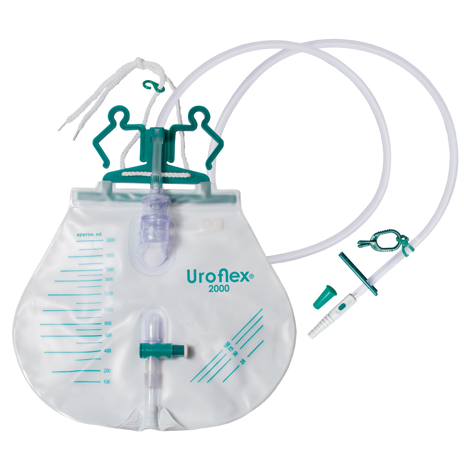 Uroflex 2000 gesloten urinedrainagesysteem, 2000 ml, steriel en latexvrij, met terugslagventiel en knikbestendige slang van 120 cm.