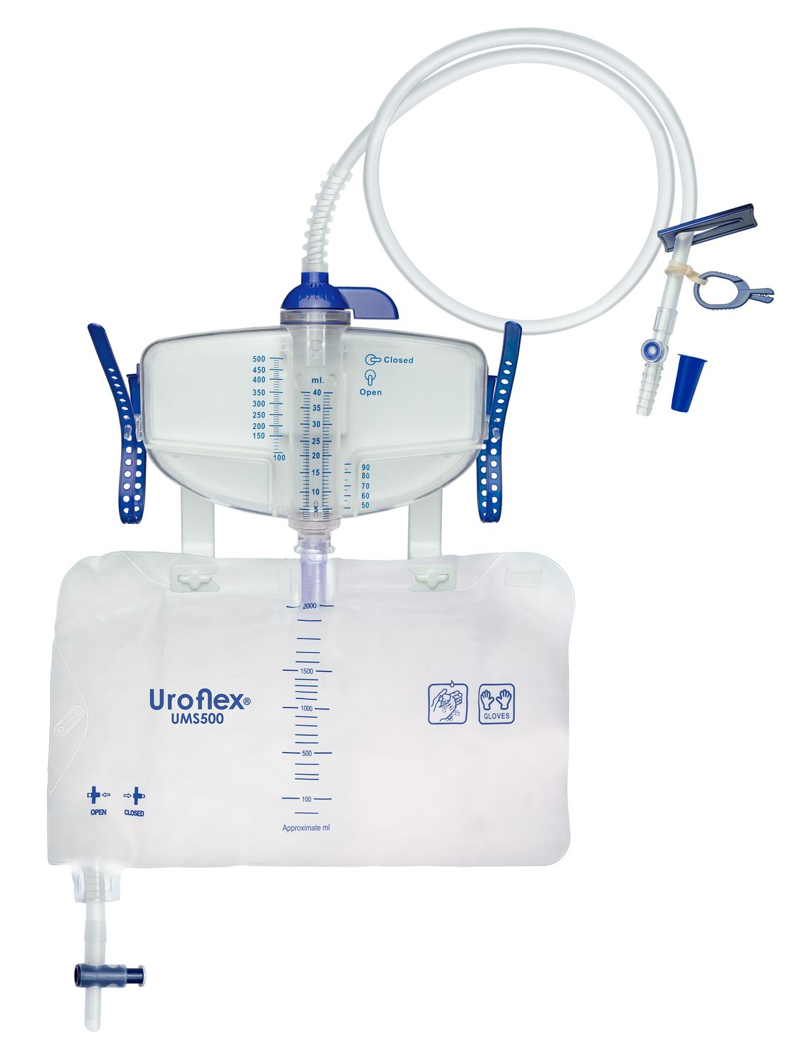 Uroflex UMS500 gesloten urinemeetsysteem met 500 ml meetkamer, 2000 ml verwisselzak, terugslagventielen en knikstabiele slang.