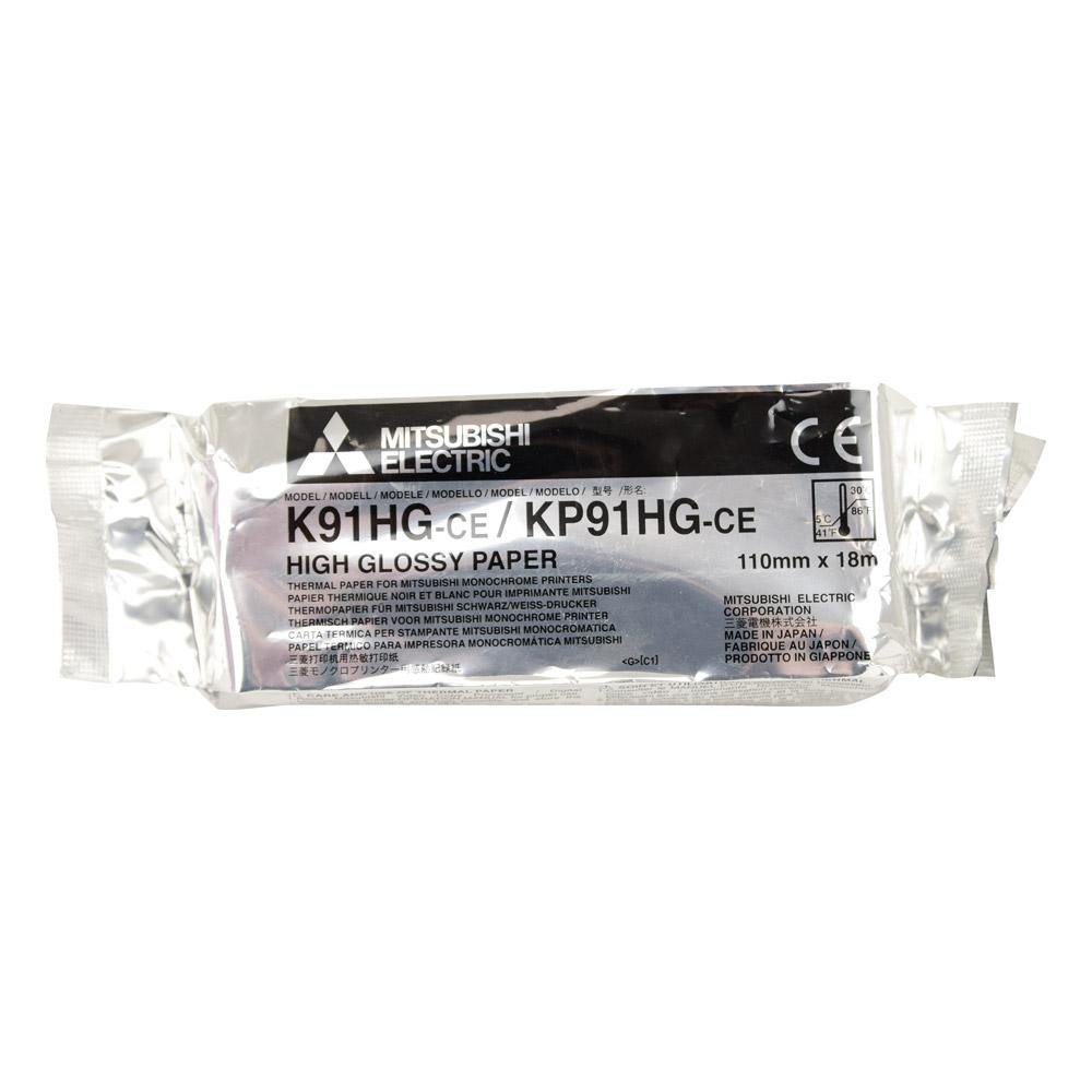Mitsubishi K91HG-CE hoogglans videoprintpapier 110 mm x 18 m voor zwart-witprinters P-91E, P-95DE, P-93DW, P-93E.