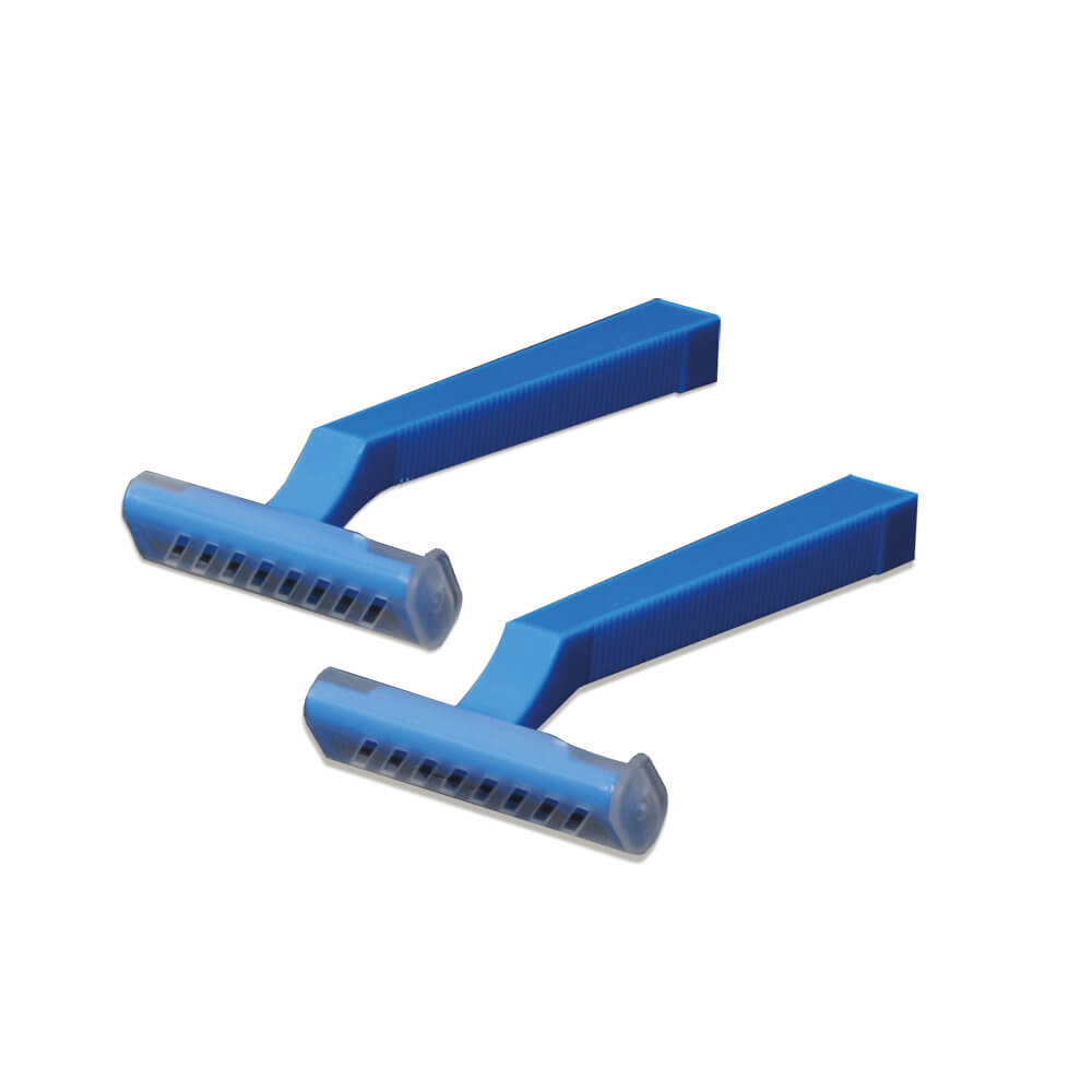 MaiMed wegwerpscheermesjes – lichtblauw, roestvrij scheermesje met enkel snijblad en beschermkapje, verpakking 100 stuks.