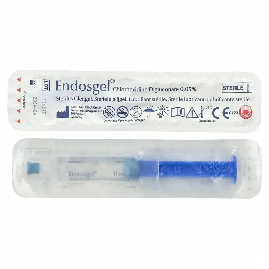 Endosgel 11 ml steriel glijmiddel met chloorhexidine voor katheterisatie, antibacteriële gel in gebruiksklare spuit.