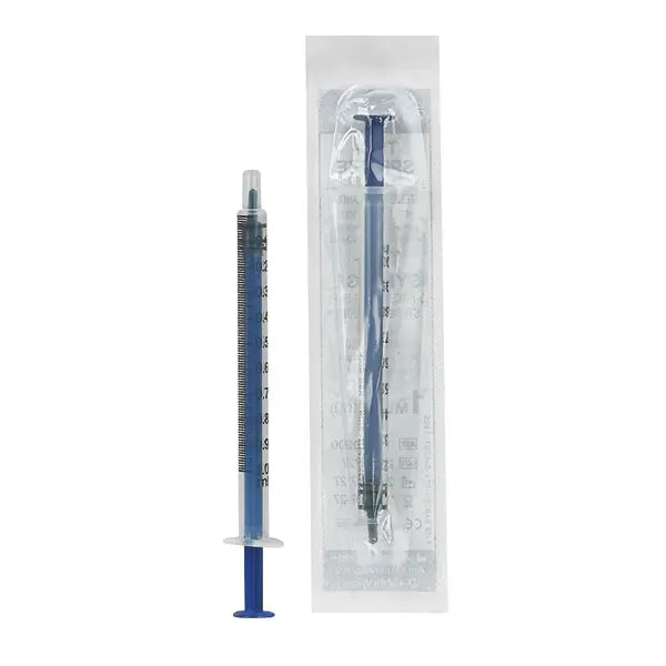 Mediware fijndoseerspuit 1 ml – 3-delig latexvrij met zwarte schaalverdeling, transparant lichaam, Luer-aansluiting, steriel verpakt