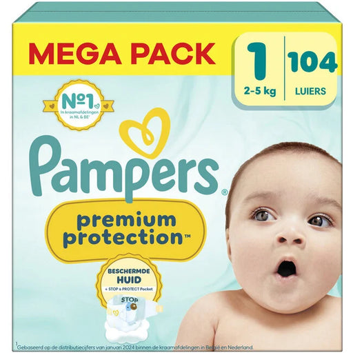 Pampers Premium Protection maat 1 maandbox 104 luiers – huidvriendelijke pasvorm en Stop & Protect pocket