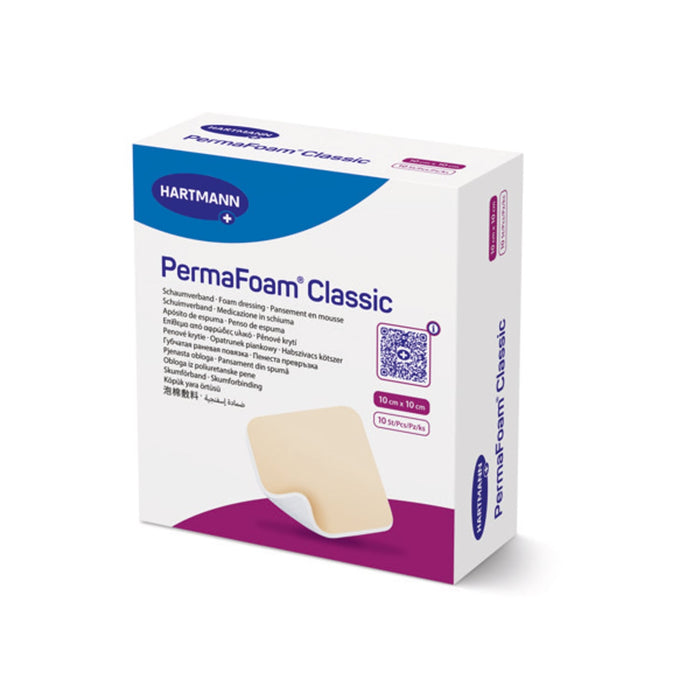 PermaFoam 10x10 cm schuimverband van Hartmann met absorberend polyurethaanschuim en lijmrand voor matige tot zware wonden
