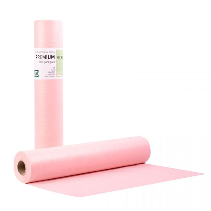 Roze onderzoekstafelpapier rollen Soft Care Premium, 2-lagig, 50 cm x 50 m, waterdicht en absorberend voor fysiopraktijken en medische behandelbanken
