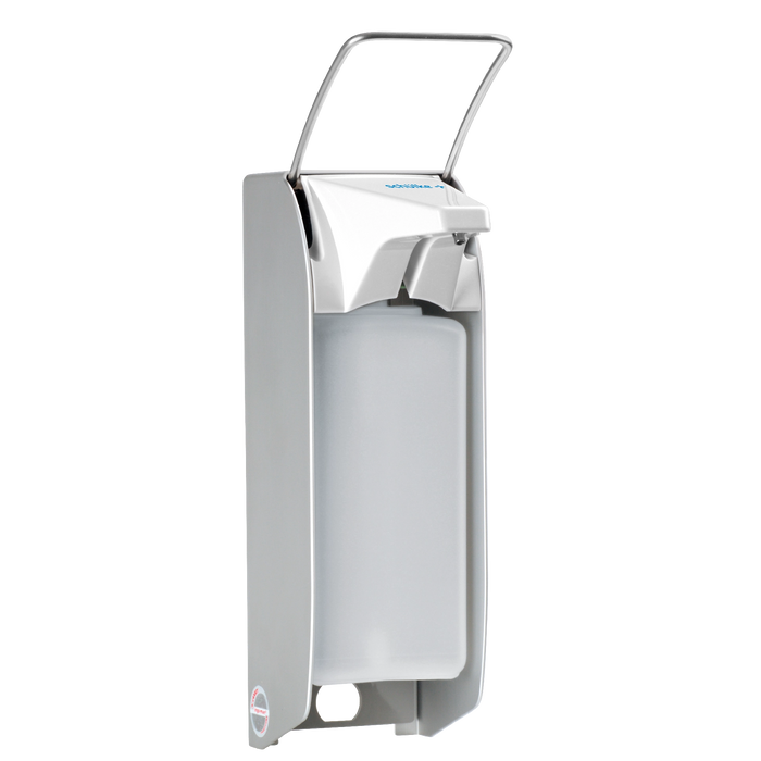 schülke elleboog dispenser met korte hendel – aluminium behuizing, RVS hendel, geschikt voor 1000 ml Eurofles