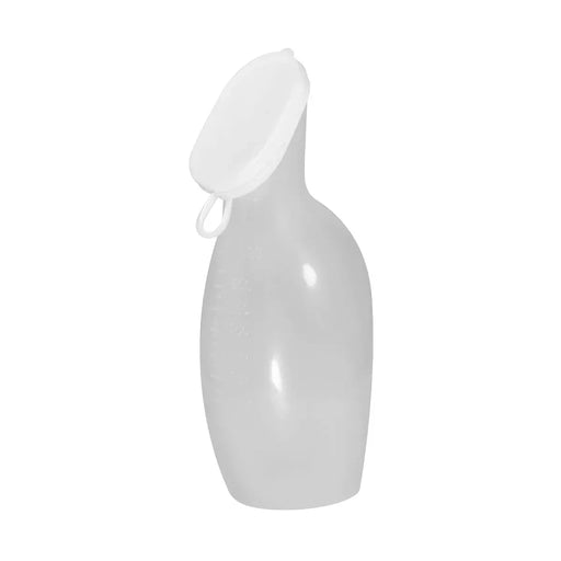Urinaal voor vrouwen, ergonomisch melkwit-transparant kunststof met witte deksel – inhoud 1 liter