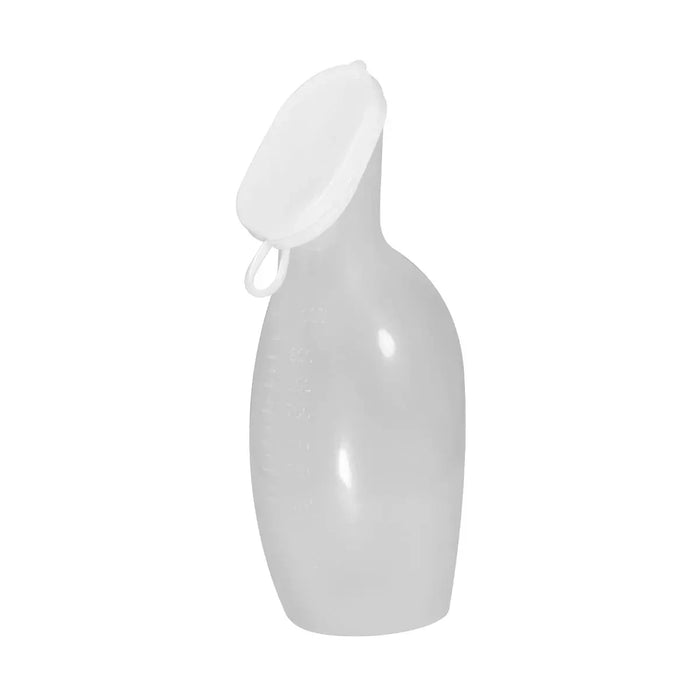 Urinaal voor vrouwen, ergonomisch melkwit-transparant kunststof met witte deksel – inhoud 1 liter