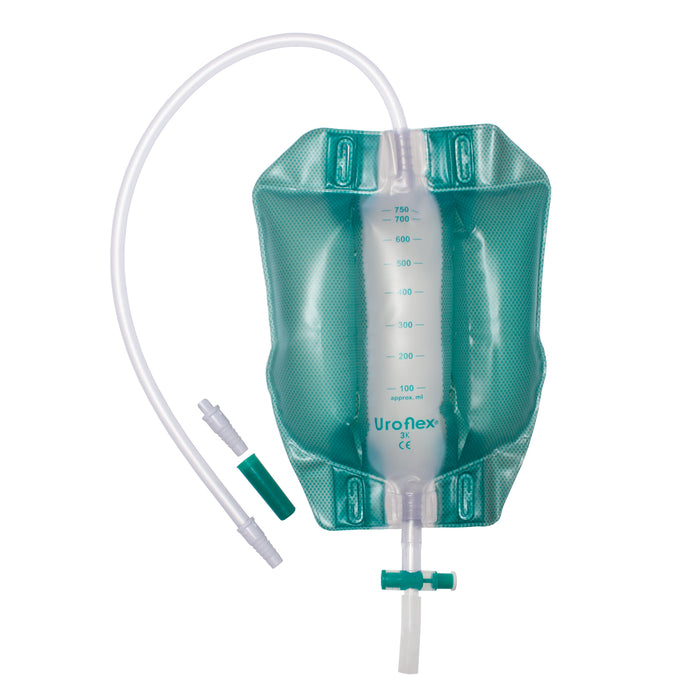 Uroflex 3-kamer urinebeenzak, steriel en latexvrij, met terugslagventiel en inkortbare knikbestendige slang