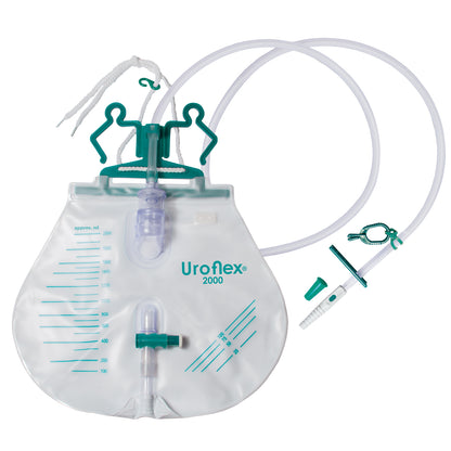 Uroflex 2000 gesloten urinedrainagesysteem, 2000 ml, steriel en latexvrij, met terugslagventiel en knikbestendige slang van 120 cm.
