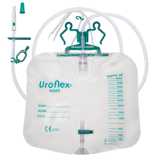 Uroflex TUR-bag 5000 gesloten urindrainage- en spoelsysteem met 5000 ml volume, microfilters, kruisventiel en knikstabiele slang.