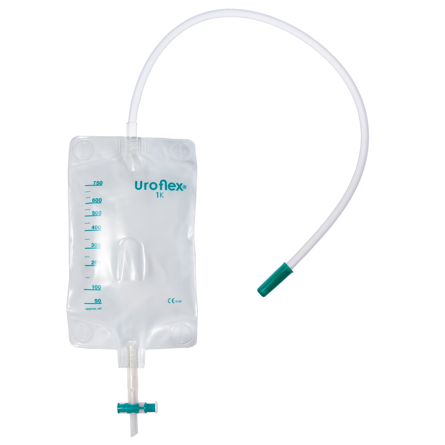 Uroflex 1-kamer urinebeenzak, 750 ml, steriel en latexvrij, met terugslagventiel en knikbestendige slang.