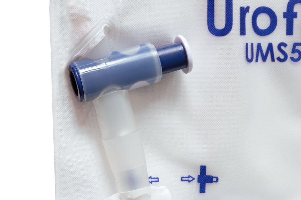 Uroflex UMS500 gesloten urinemeetsysteem met 500 ml meetkamer, 2000 ml verwisselzak, terugslagventielen en knikstabiele slang.