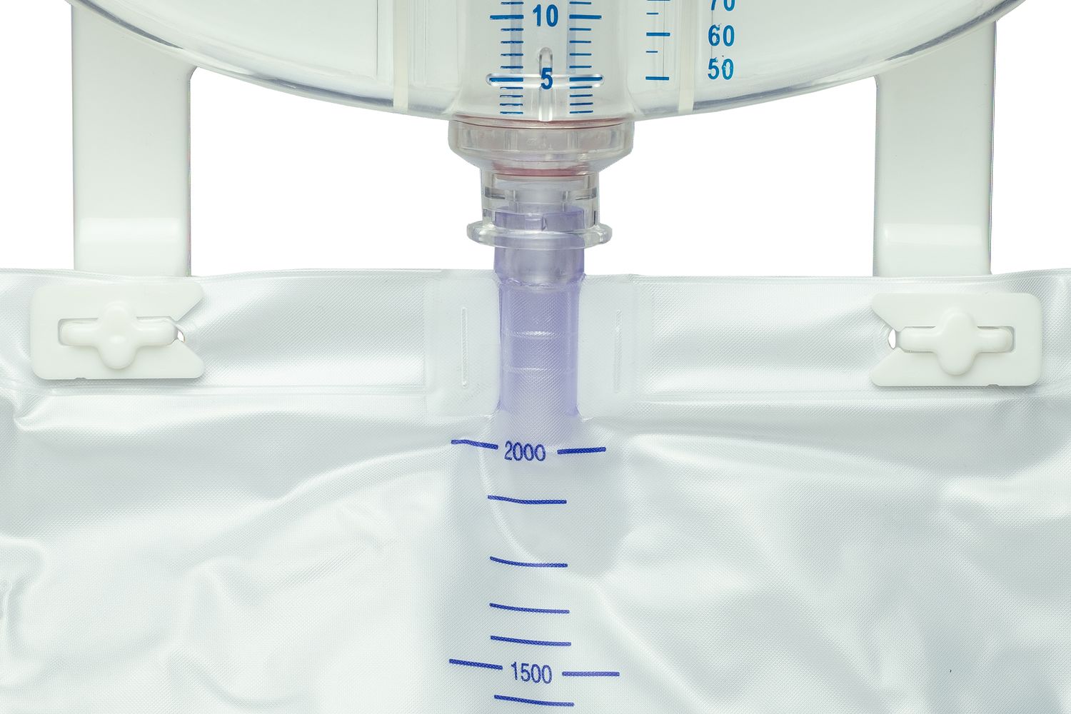 Uroflex UMS500 gesloten urinemeetsysteem met 500 ml meetkamer, 2000 ml verwisselzak, terugslagventielen en knikstabiele slang.