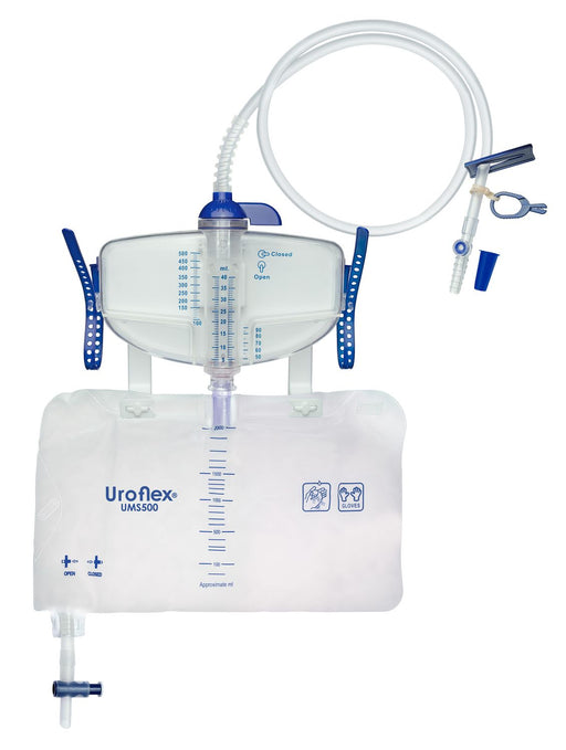 Uroflex UMS500 gesloten urinemeetsysteem met 500 ml meetkamer, 2000 ml verwisselzak, terugslagventielen en knikstabiele slang.