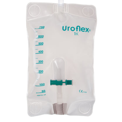 Uroflex 1-kamer urinebeenzak, 750 ml, steriel en latexvrij, met terugslagventiel en knikbestendige slang.