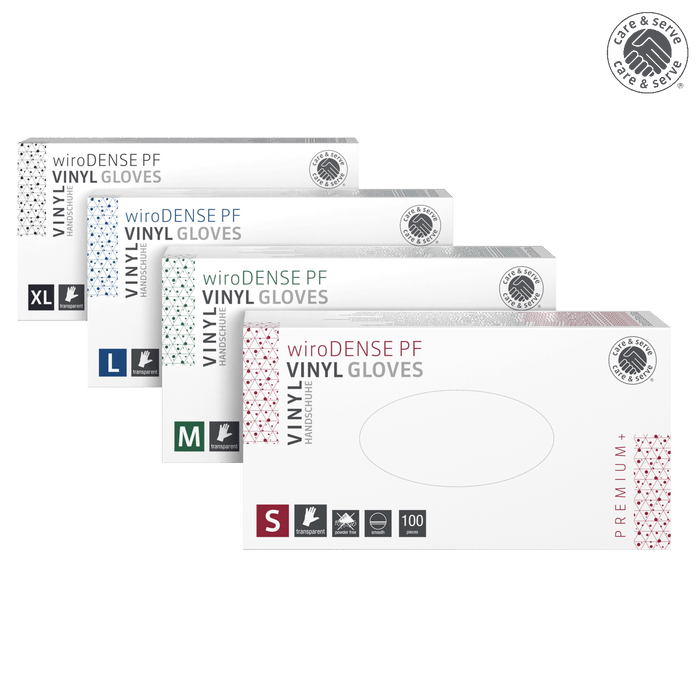 wiroDENSE PF Care & Serve® PREMIUM+ poedervrije vinyl handschoenen glad voor medisch en industrieel gebruik
