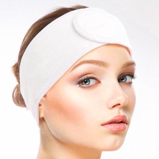 Witte badstof hoofdband 61 cm met verstelbare klittenbandsluiting, ideaal voor skincare en spa-behandelingen