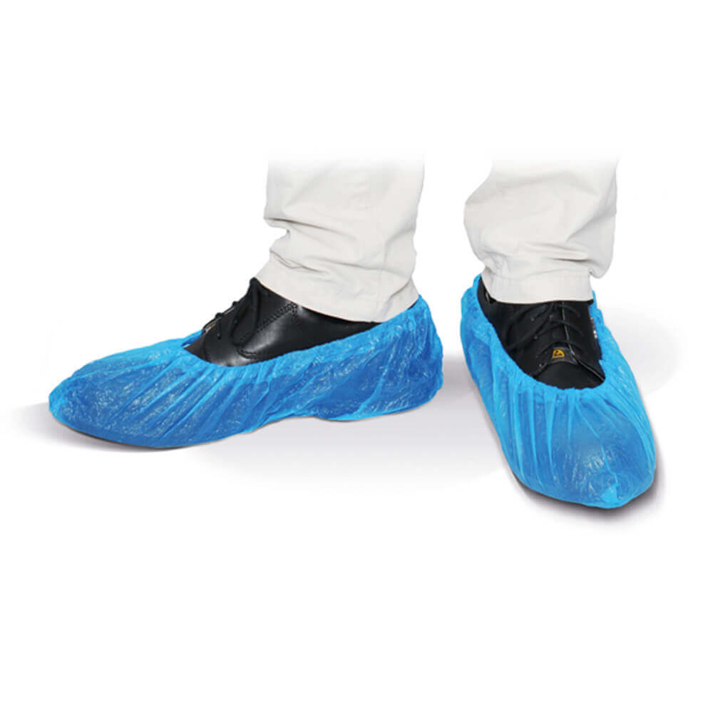 Blauwe schoenenovertrekken CPE – disposable, water- en vuilafstotend, elastische pasvorm voor universele maat