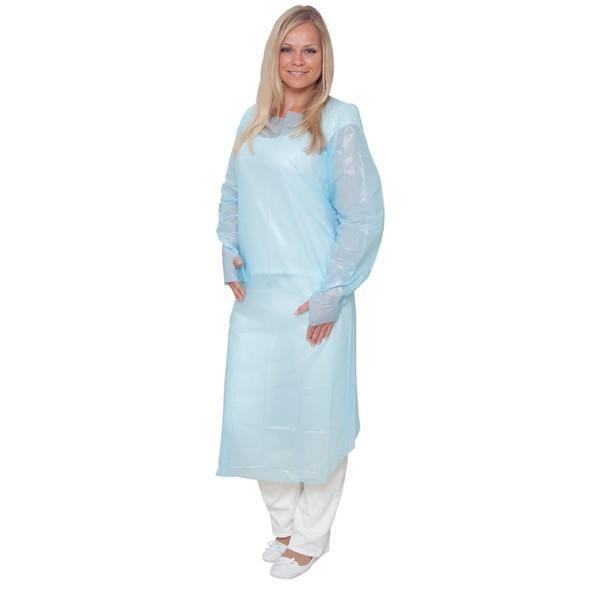 Blauwe extra sterke CPE schort 40 micron – vloeistofdicht wegwerpschort met duimlussen, verpakking 25 stuks