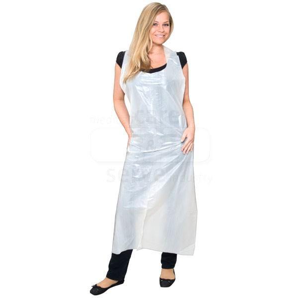 Witte vloeistofdichte wegwerpschort van polyethyleen met rugsluiting – verpakking van 100 stuks.