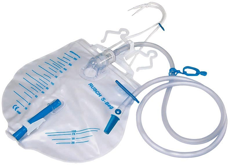 Rüsch S-Bag urinebedzak 2L met 120 cm slang, terugslagventiel en schuifkraan – steriel en latexvrij, voor eendaags gebruik.